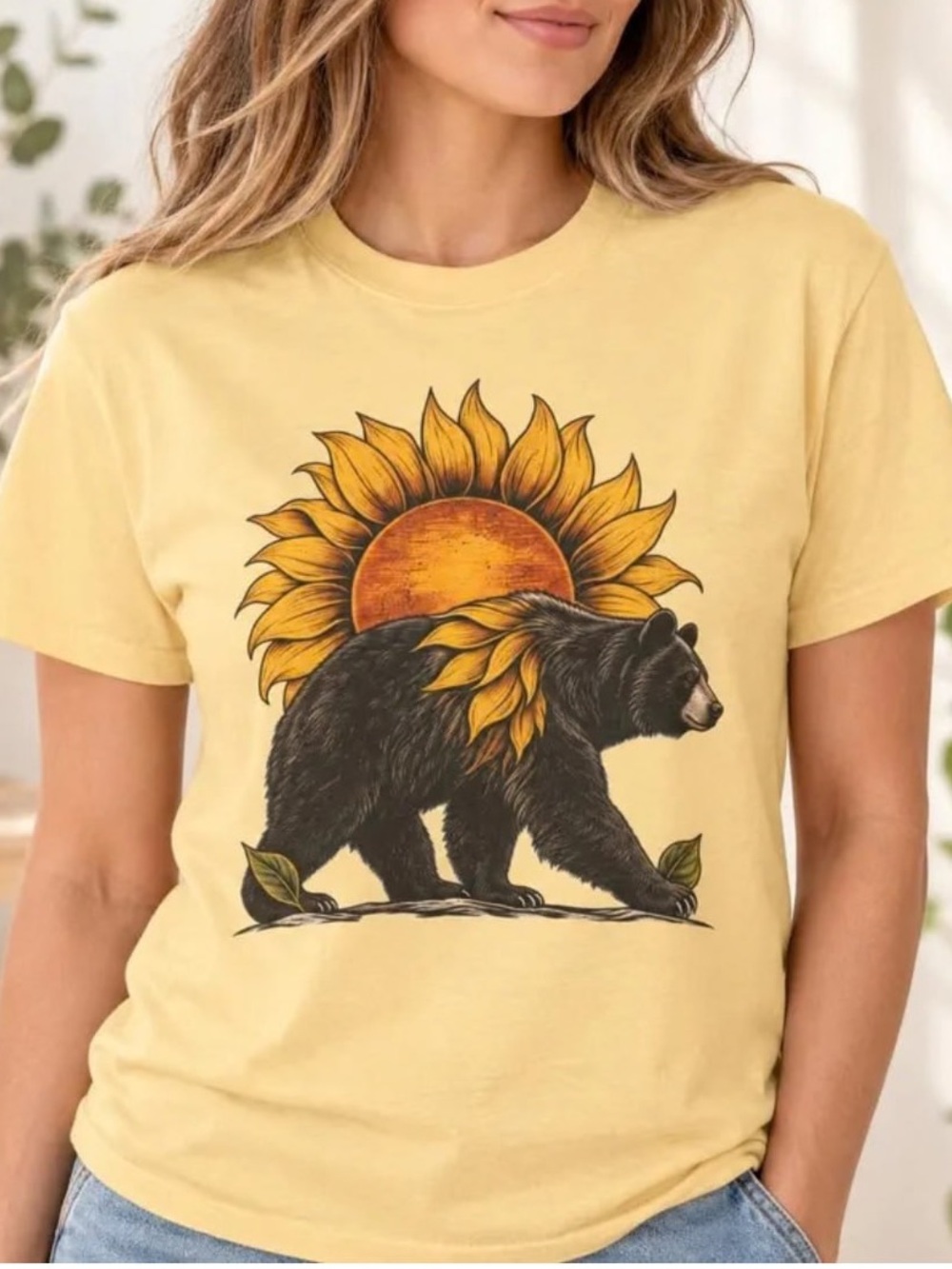 Sunflower Bear Graphic Tee - Yellow Women's T-Shirt